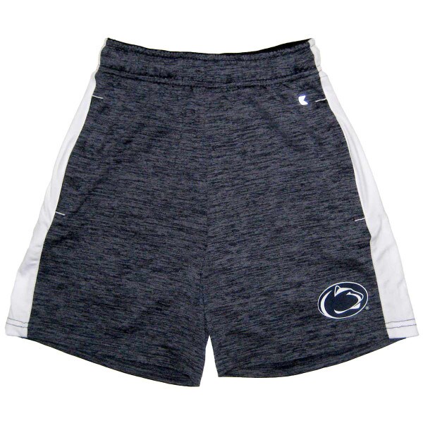 navy heather youth shorts with white side panels and Penn State Athletic Logo on left thigh